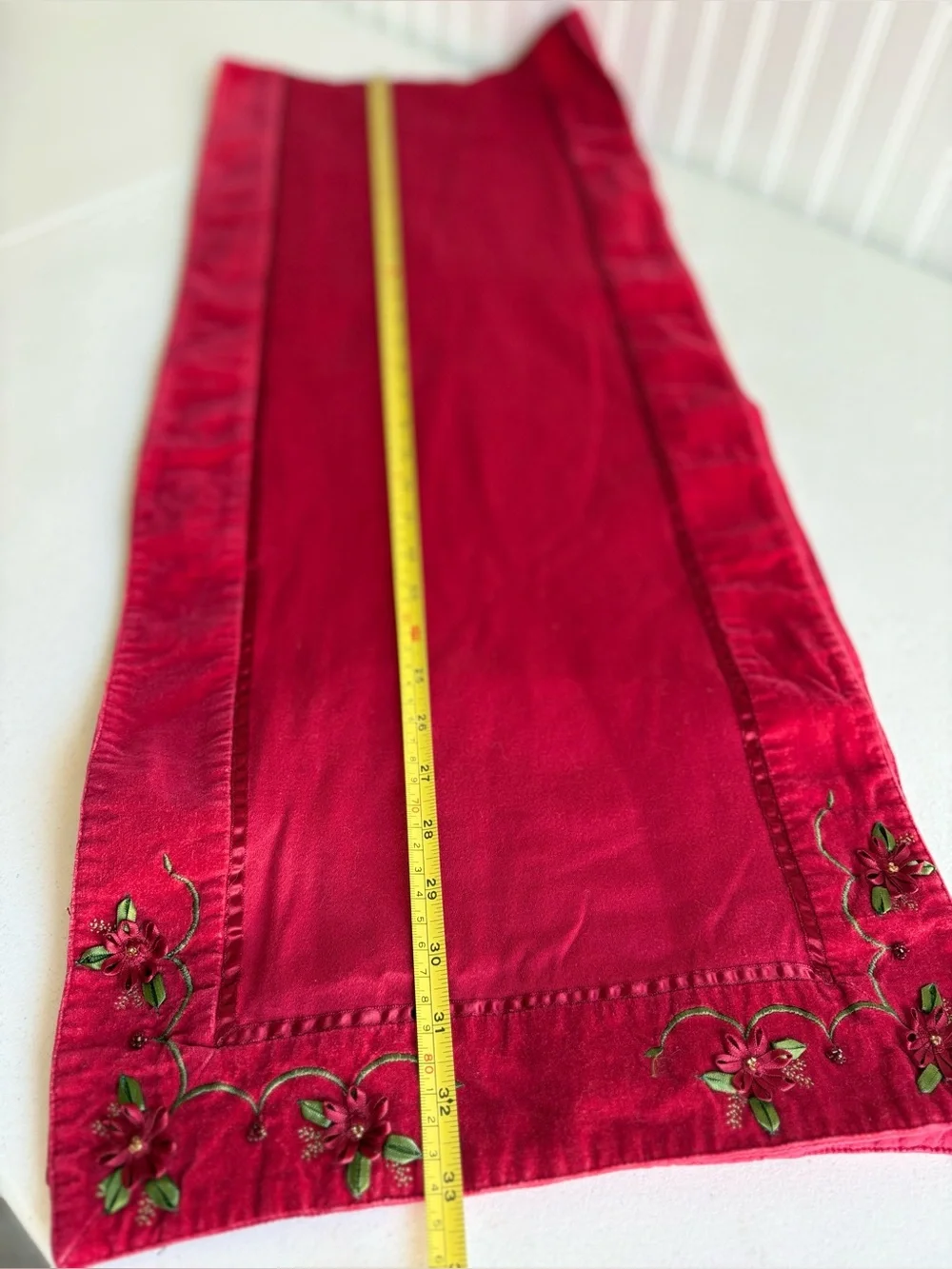 Vintage Red Table Runner Christmas Poinsettia Embroidered & Beaded 13” x 66”